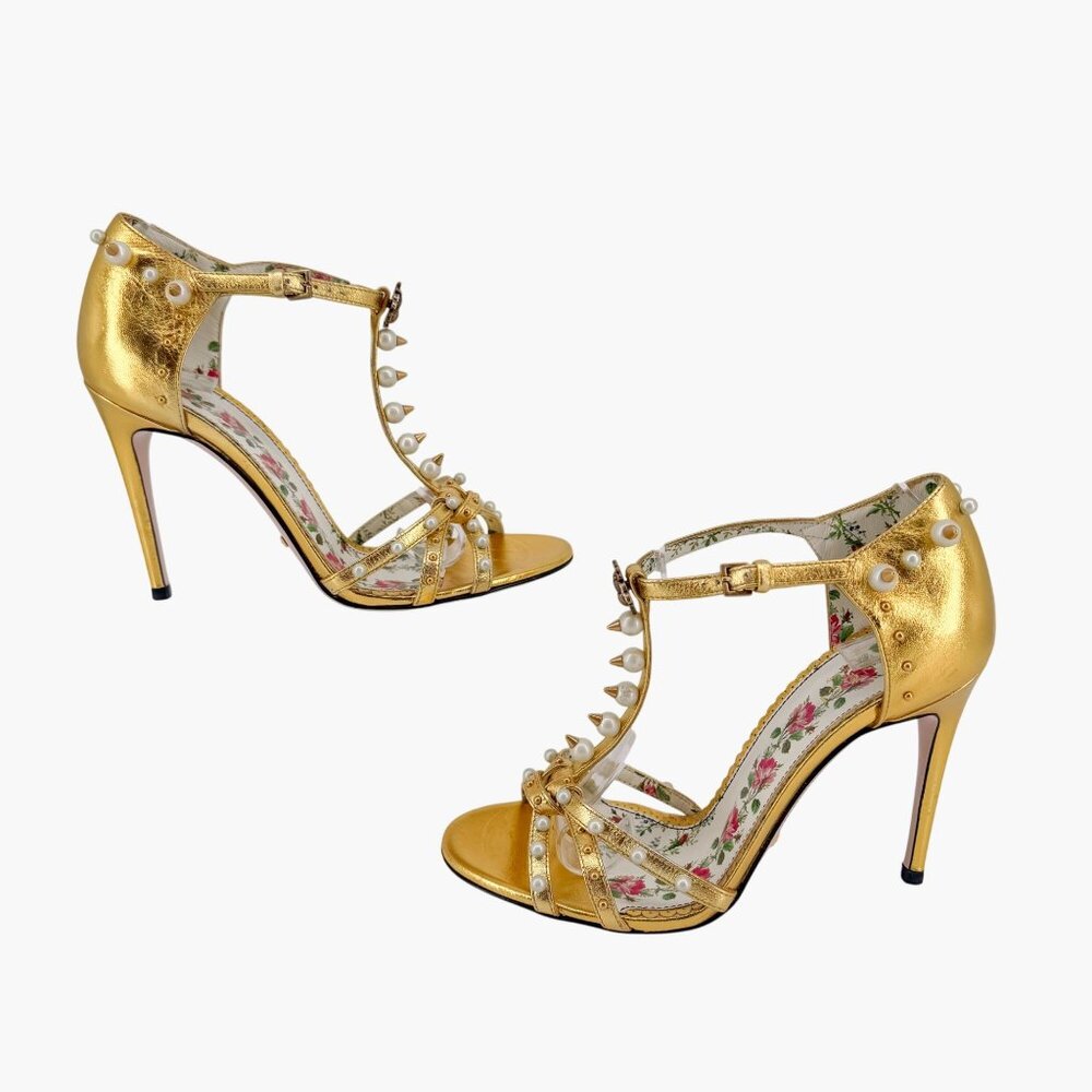 Gucci Regina Metallic Gold Pearl Studded T-Strap Heels Bee GG Size 37.5 US 7.5 - Picture 8 of 15